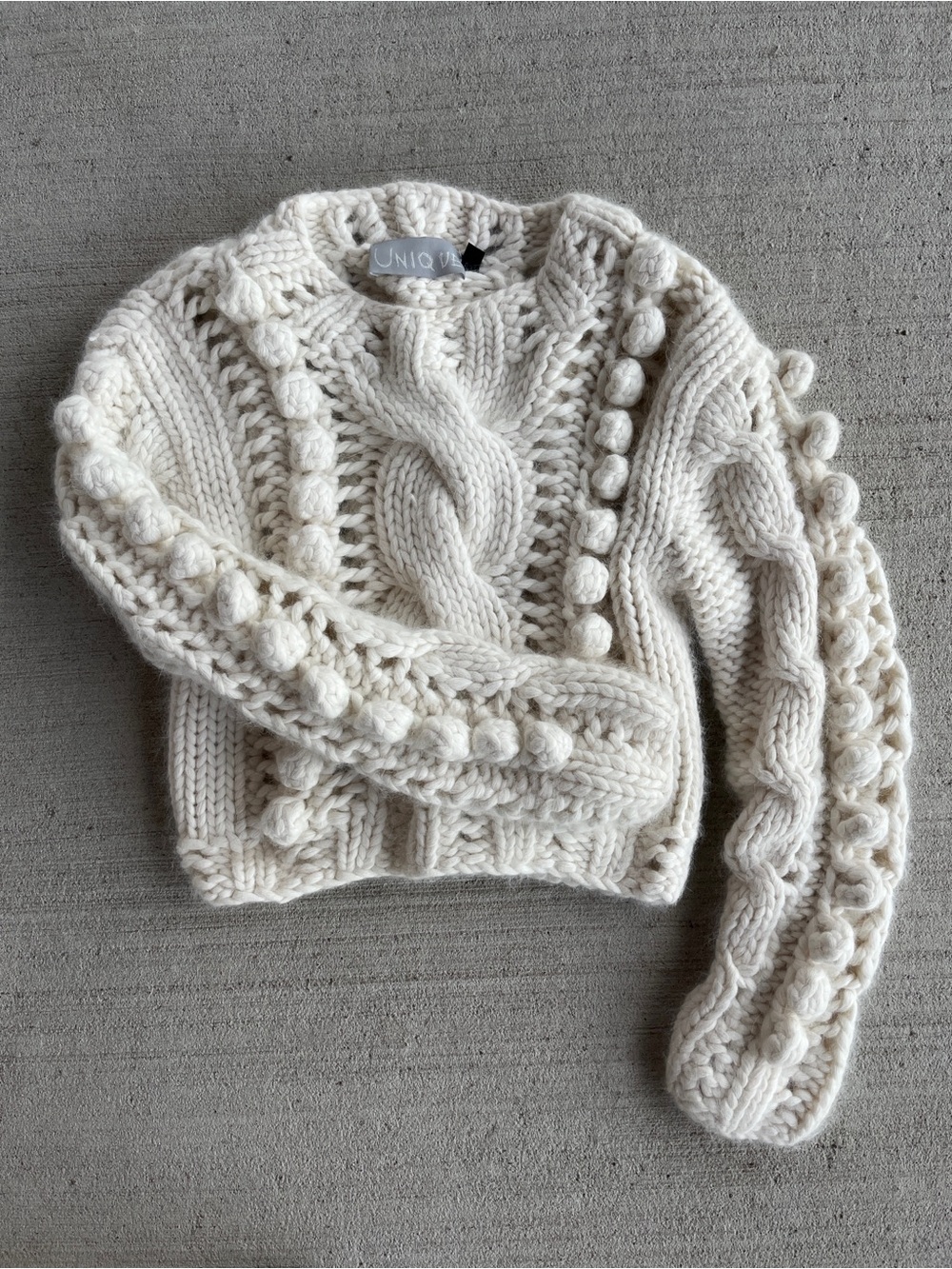 Unique Ivory Cable-Knit Pom-Pom Sweater
